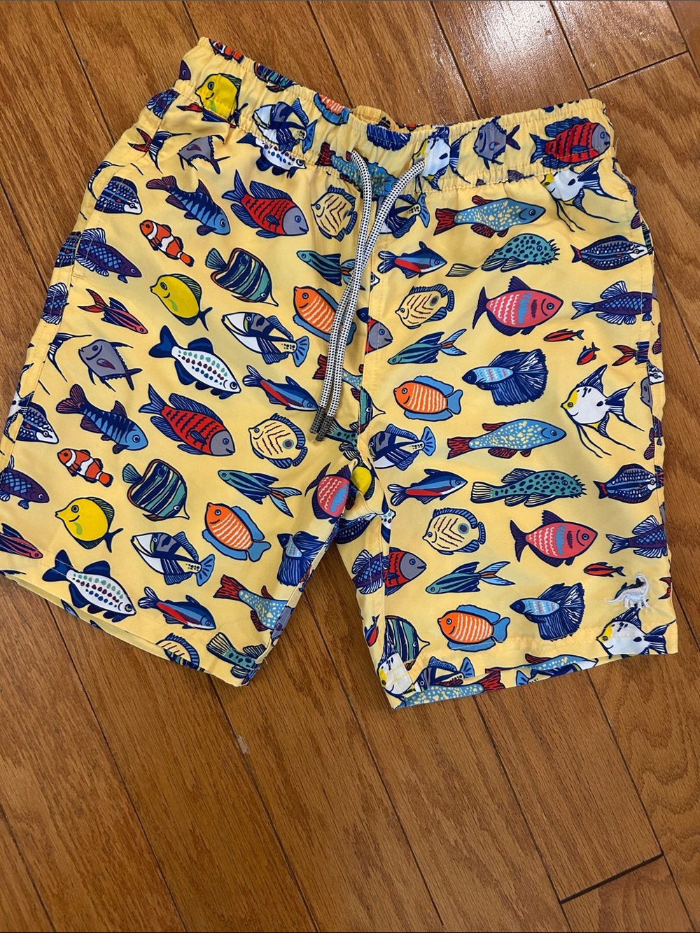 Bright Yellow Kids Fish-Print Swim Shorts